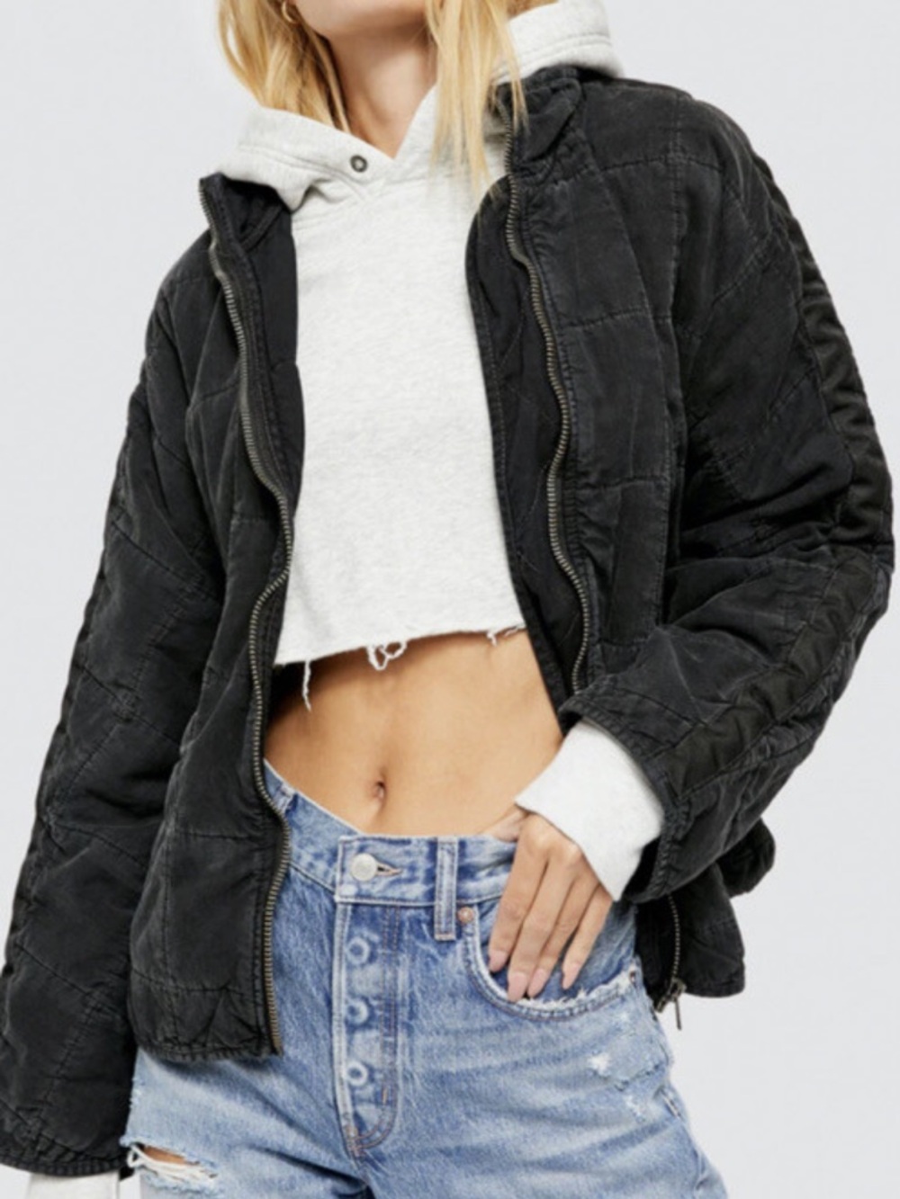 Free People Black Quilted Zip Bomber Jacket